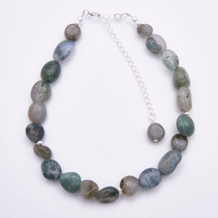 Moss Agate and Labradorite Bracelet with Sterling Silver clasp and extender chain with bead trim, 2nd bracelet, shown viewed from above on plain white surface