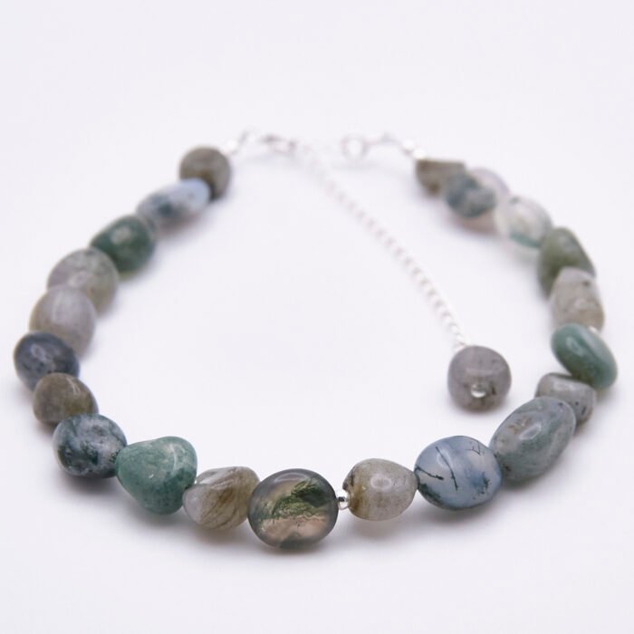 Moss Agate and Labradorite Bracelet, 2nd bracelet shown on flat white surface