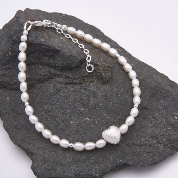 Freshwater Pearl and Brushed Sterling Silver Heart Bracelet