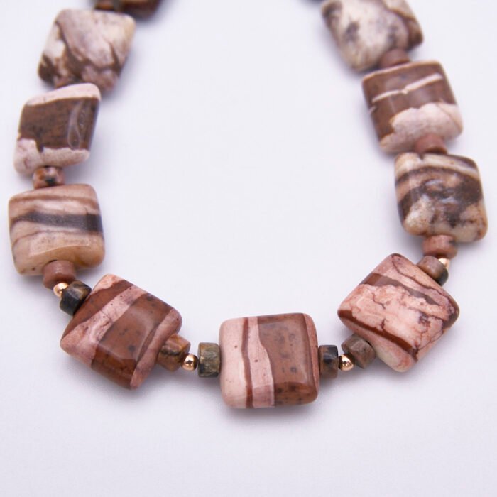 close up of Zebra Jasper and Rhodochrosite Bracelet with Rose Gold Filled Magnetic Clasp