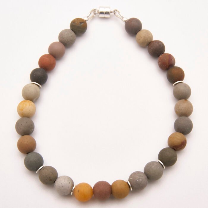 Natural Frosted Ocean Jasper and Sterling Silver Bracelet with Magnetic Clasp shown from above on flat white surface