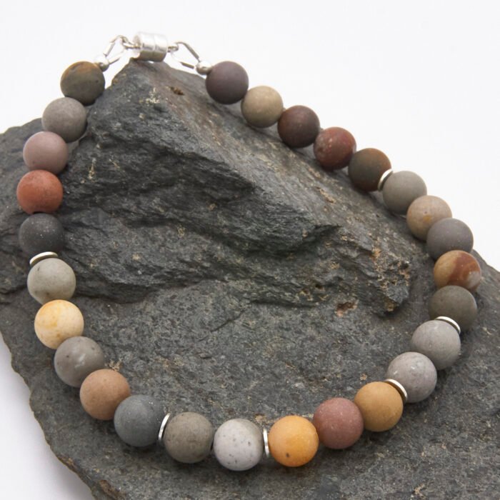 Natural Frosted Ocean Jasper and Sterling Silver Bracelet shown on dark grey stone
