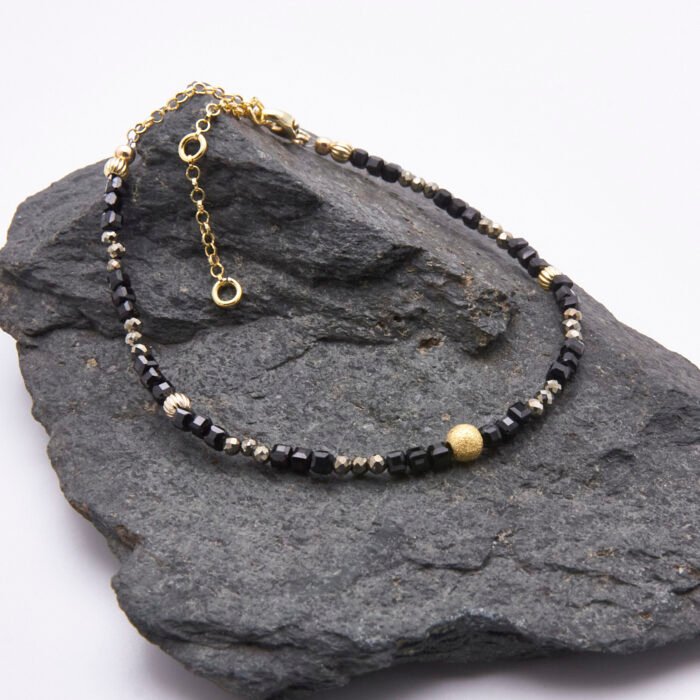 Black Spinel and Pyrite Bracelet with Gold Vermeil Beads and Lobster Clasp