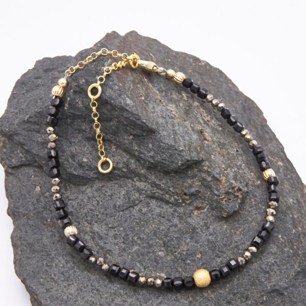 Black Spinel and Pyrite Bracelet with Gold Vermeil Beads and Lobster Clasp