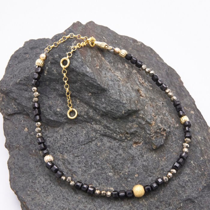Black Spinel and Pyrite Bracelet with Gold Vermeil Beads and Lobster Clasp