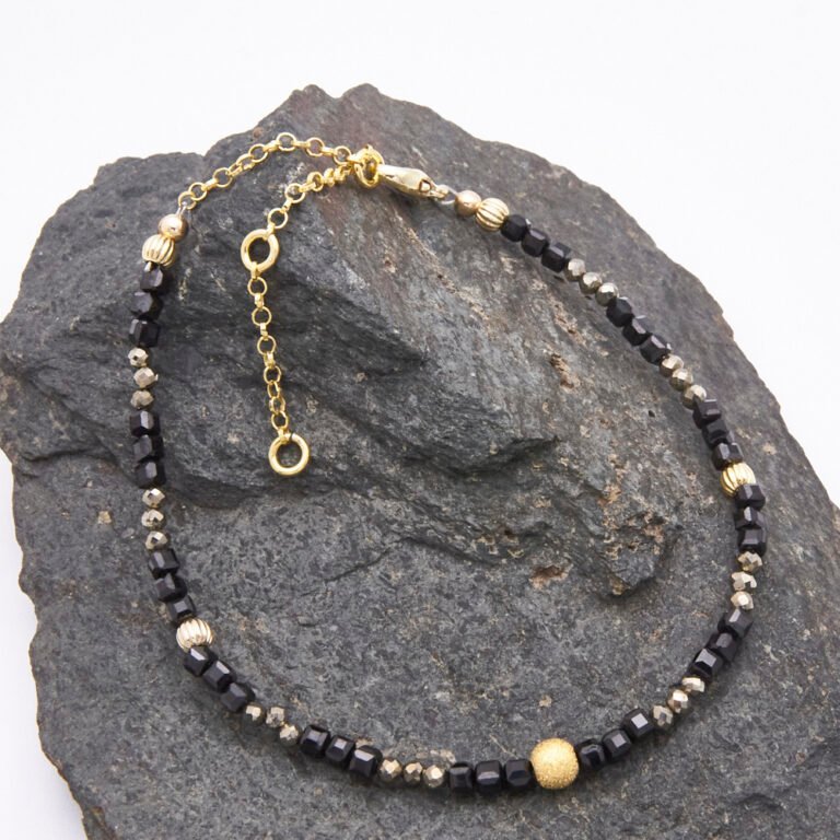 Black Spinel and Pyrite Bracelet with Gold Vermeil Beads and Lobster Clasp