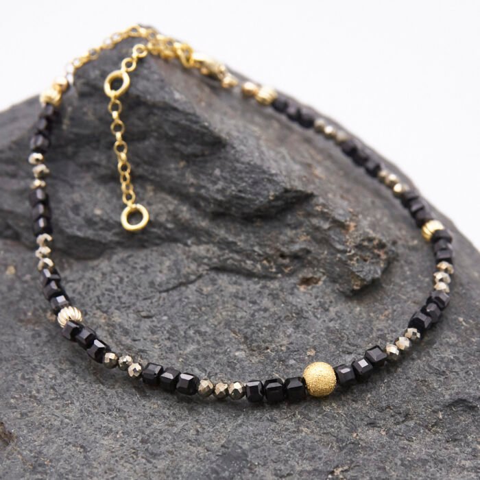 Black Spinel and Pyrite Bracelet with Gold Vermeil Beads and Lobster Clasp