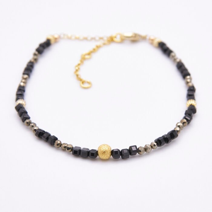 Black Spinel and Pyrite Bracelet with Gold Vermeil Beads and Lobster Clasp