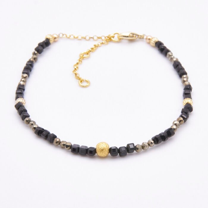 Black Spinel and Pyrite Bracelet with Gold Vermeil Beads and Lobster Clasp