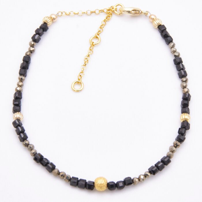 Black Spinel and Pyrite Bracelet with Gold Vermeil Beads and Lobster Clasp