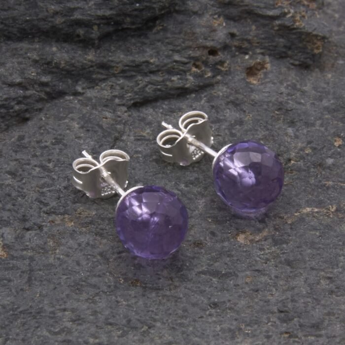 Amethyst Faceted Round Gemstone Sterling Silver Stud Earrings