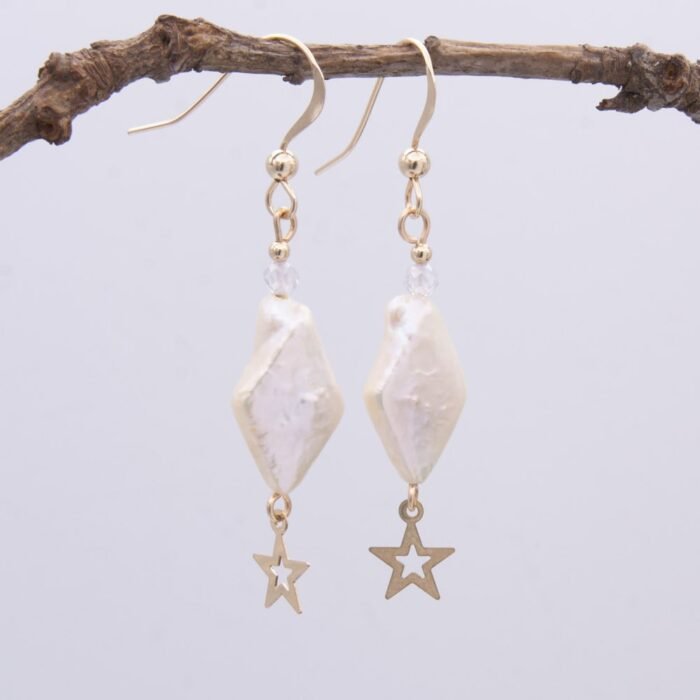 Diamond Shaped Freshwater Pearl and Gold Filled Star Earrings "front" Diamond Shaped Freshwater Pearl and Gold Filled Star Earrings "front"