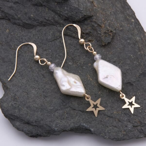 Diamond Shaped Freshwater Pearl and Gold Filled Star Earrings