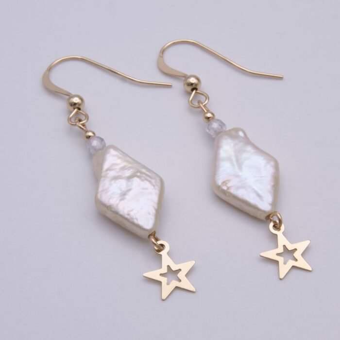 Diamond Shaped Freshwater Pearl and Gold Filled Star Earrings Diamond Shaped Freshwater Pearl and Gold Filled Star Earrings