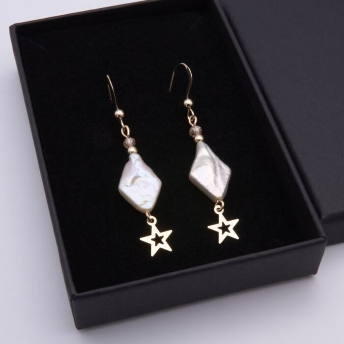 Diamond Shaped Freshwater Pearl and Gold Filled Star Earrings in box