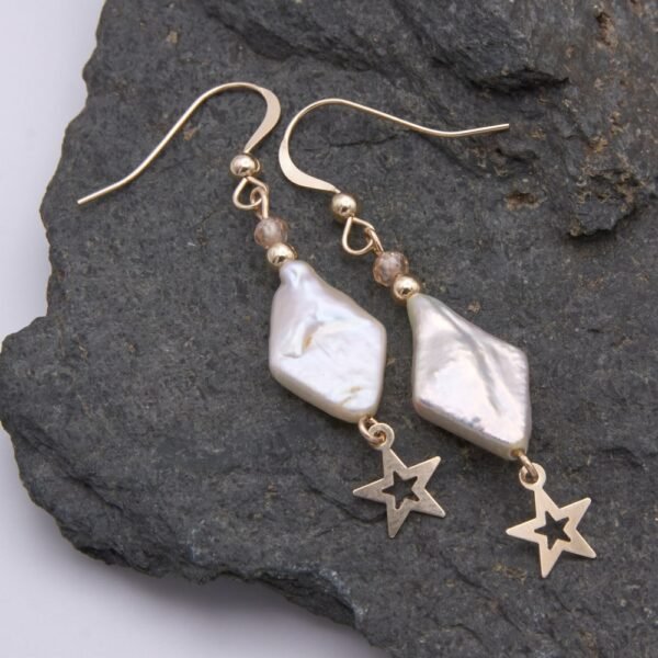 Diamond Shaped Freshwater Pearl Gold Stars and Beads Gold Filled Earrings