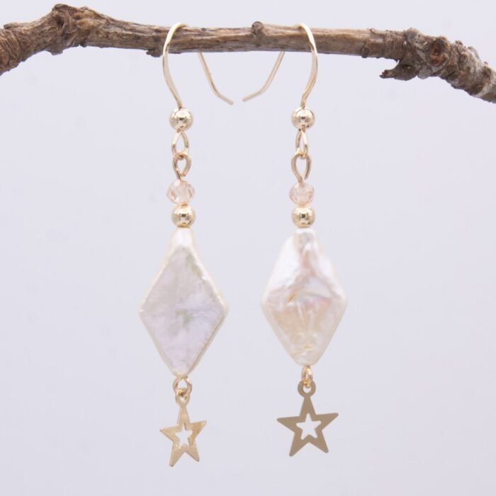 Diamond Shaped Freshwater Pearl Gold Stars and Beads Gold Filled Earrings hanging