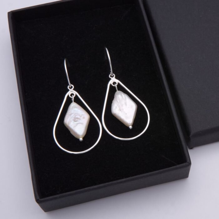 Freshwater Baroque Diamond Shaped Pearl and Sterling Silver Earrings in box