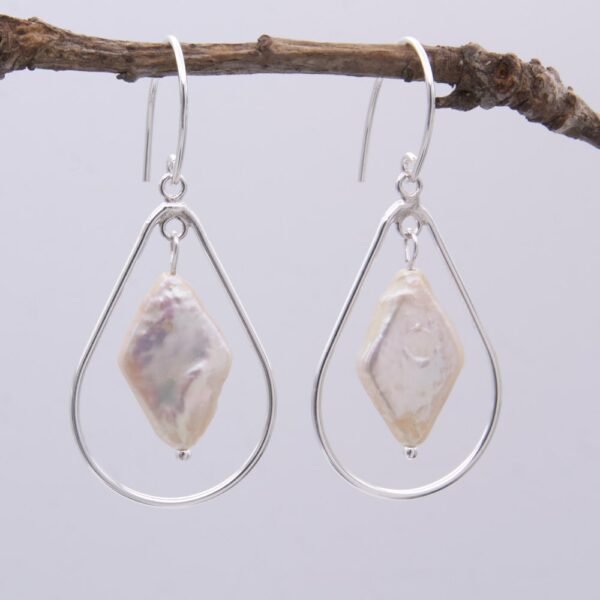 Front of Freshwater Diamond Shaped Pearl and Sterling Silver Earrings