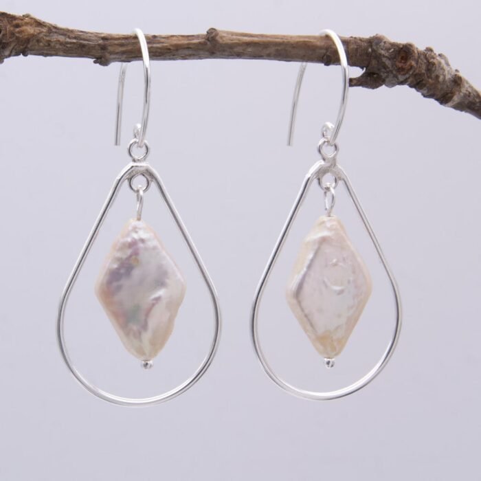 Front of Freshwater Diamond Shaped Pearl and Sterling Silver Earrings