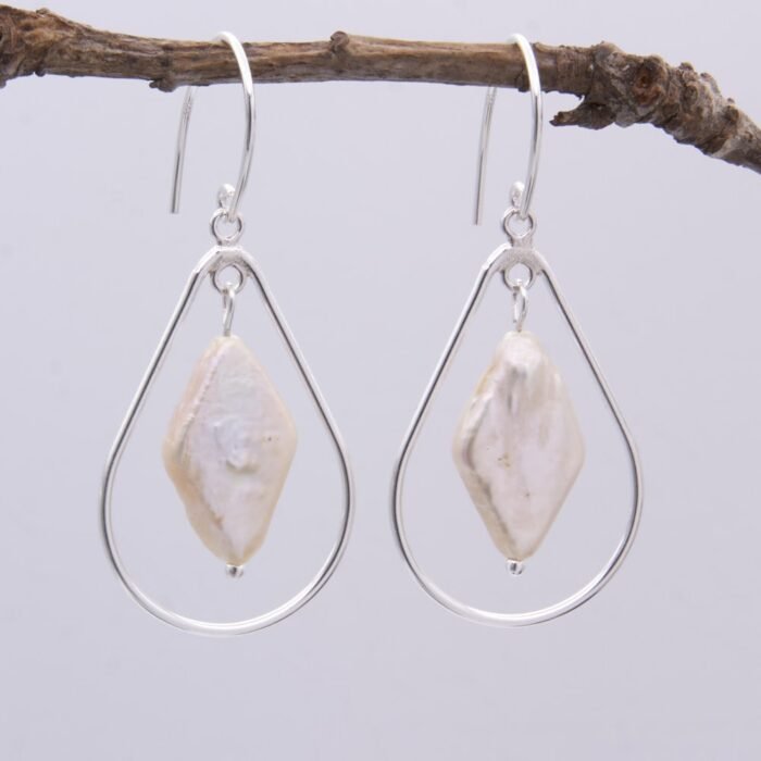 Back of Freshwater Diamond Shaped Pearl and Sterling Silver Earrings hanging
