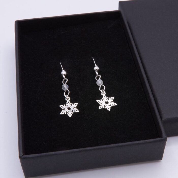 Snowflake and Rainbow Moonstone Sterling Silver Earrings in box