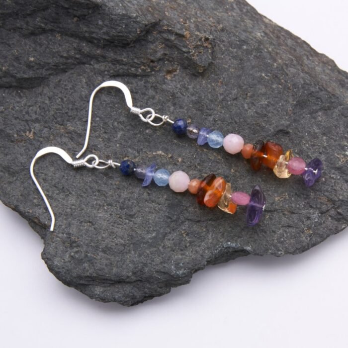 Mixed Gemstone Stack Sterling Silver Earrings on rock