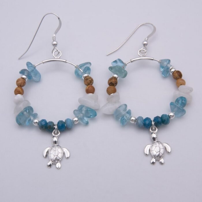 Turtle Sterling Silver and Semi-Precious Stone Hoop Earrings