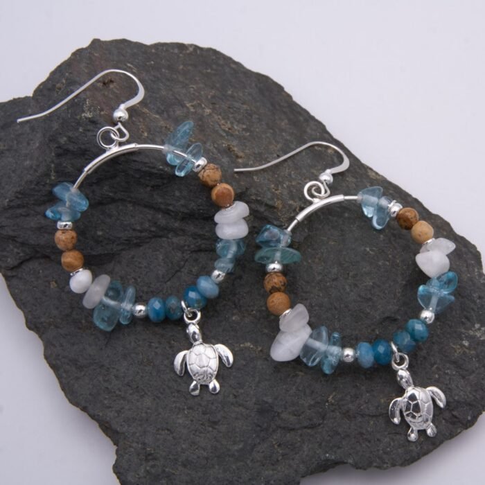 Turtle Sterling Silver and Semi-Precious Stone Hoop Earrings