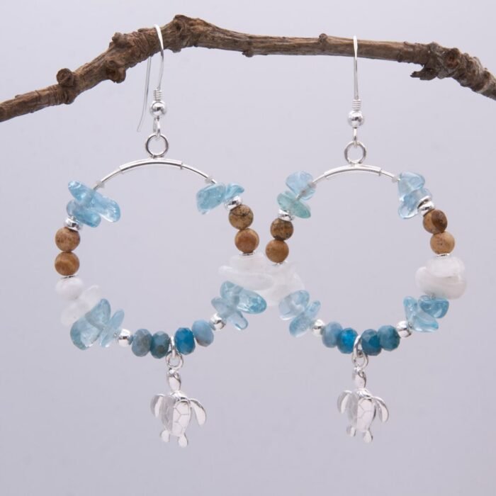 Turtle Sterling Silver and Semi-Precious Stone Hoop Earrings hanging
