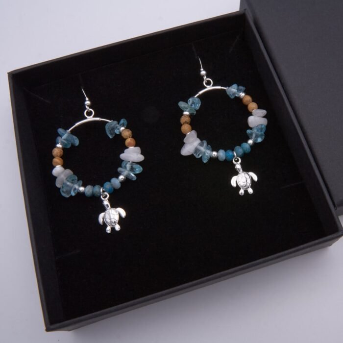 Turtle Sterling Silver and Semi-Precious Stone Hoop Earrings in box