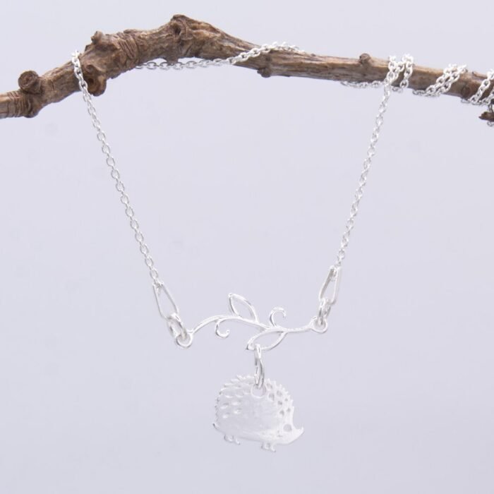Sterling Silver Hedgehog and Leafy Branch Necklace