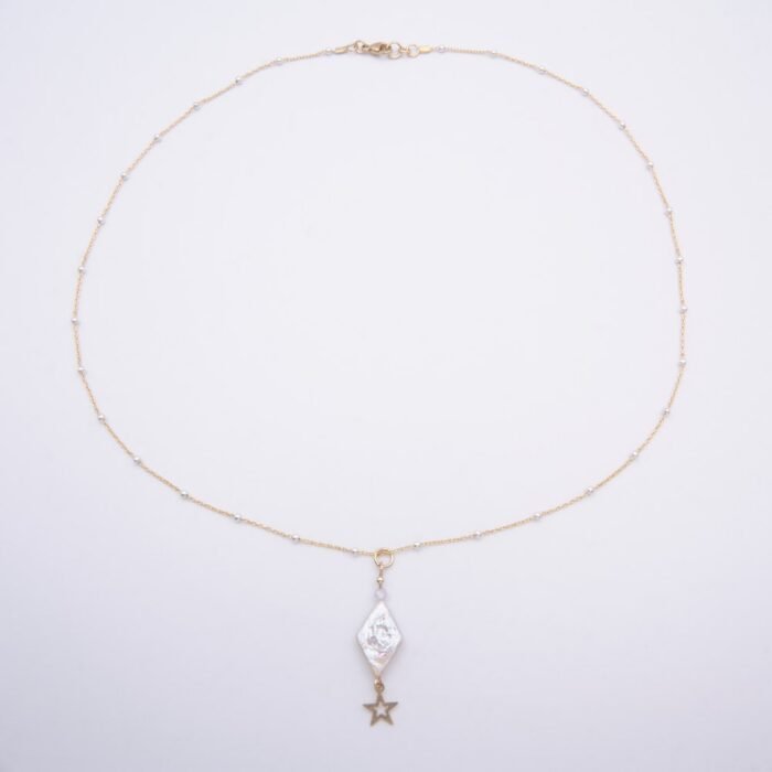 Diamond Shaped Freshwater Pearl, Star and Bead Gold Filled Necklace