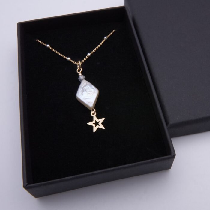 Diamond Shaped Freshwater Pearl and Gold Filled Star Necklace in box