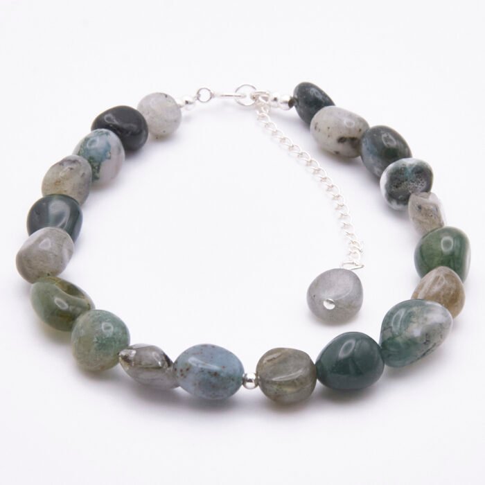 Moss Agate and Labradorite Bracelet shown on plain white surface
