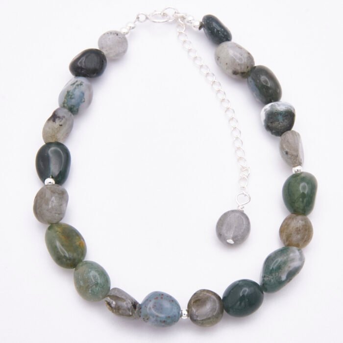 Moss Agate and Labradorite Bracelet with Sterling Silver clasp and extender chain with bead trim, shown from above on plain white surface