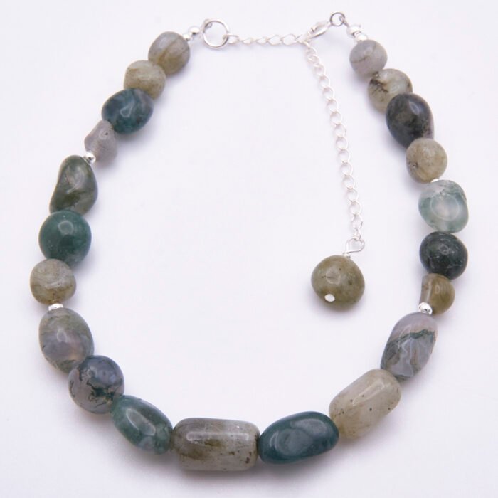 Moss Agate and Labradorite Sterling Silver Bracelet with extender chain, shown from above on flat white surface