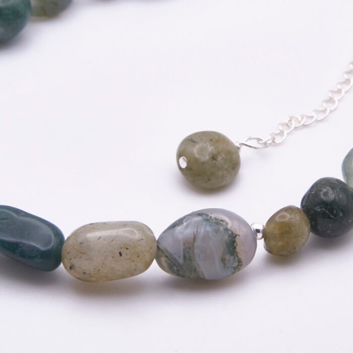 Moss Agate and Labradorite Sterling Silver Bracelet close up of beads on flat white surface