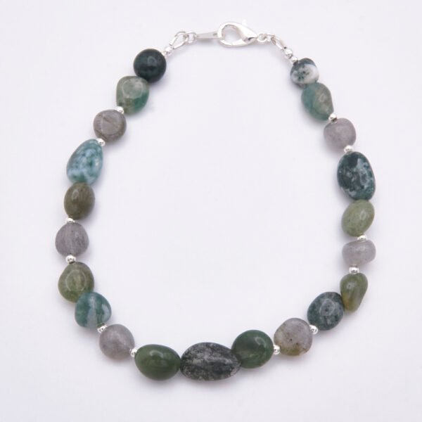 Moss Agate and Labradorite Sterling Silver Bracelet with Lobster Clasp shown from above on flat white surface