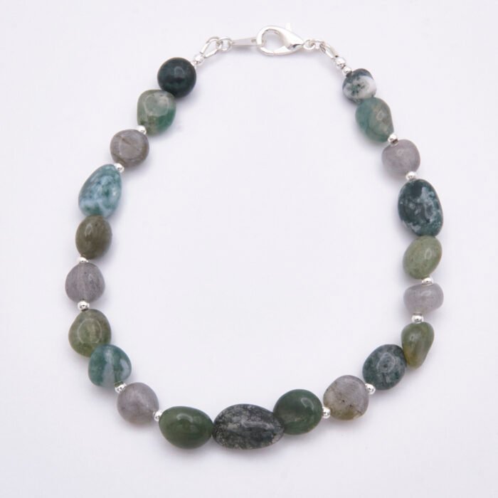 Moss Agate and Labradorite Sterling Silver Bracelet with Lobster Clasp Moss Agate and Labradorite Sterling Silver Bracelet with Lobster Clasp shown from above on flat white surface