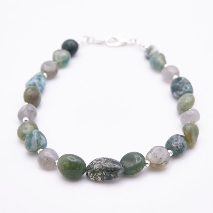 Moss Agate and Labradorite Sterling Silver Bracelet with Lobster Clasp Moss Agate and Labradorite Sterling Silver Bracelet with Lobster Clasp shown on flat white surface