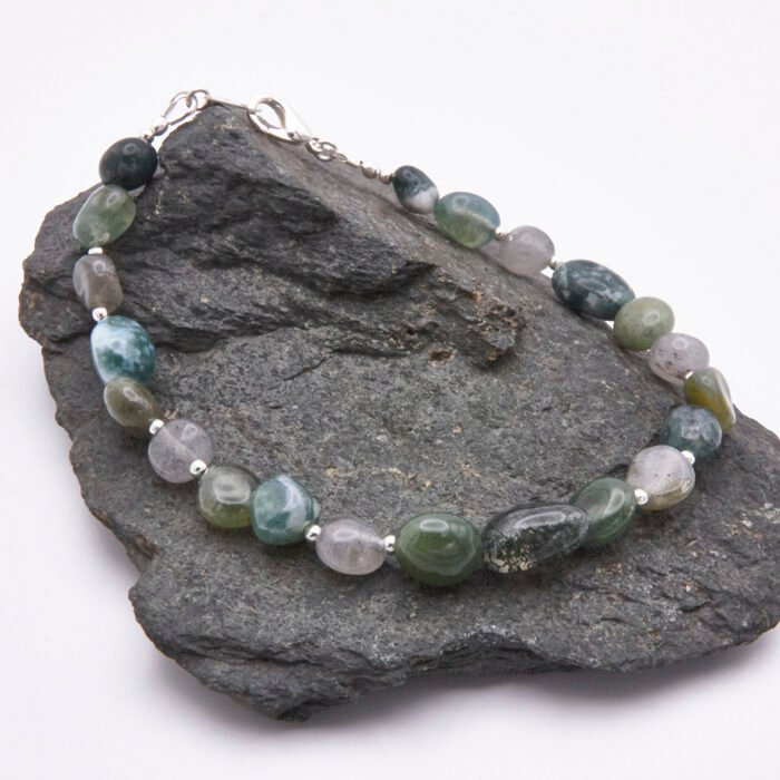 Moss Agate and Labradorite Sterling Silver Bracelet with Lobster Clasp Moss Agate and Labradorite Sterling Silver Bracelet with Lobster Clasp shown on dark grey stone