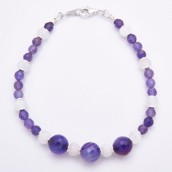 Amethyst, Moonstone and Purple Banded Agate Sterling Silver Bracelet