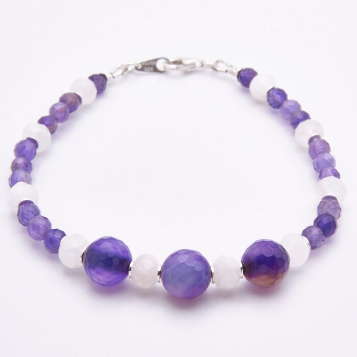 Amethyst, Moonstone and Purple Banded Agate Sterling Silver Bracelet