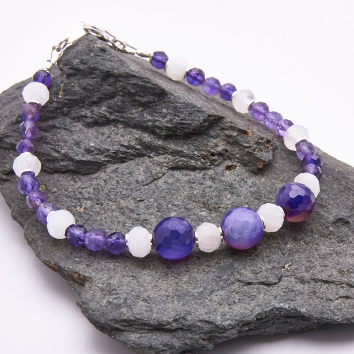 Amethyst, Moonstone and Purple Banded Agate Sterling Silver Bracelet