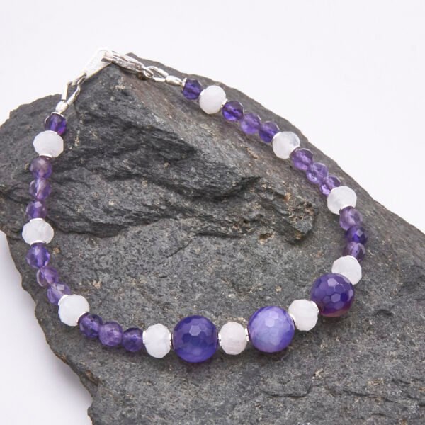 Amethyst, Moonstone and Purple Banded Agate Sterling Silver Bracelet