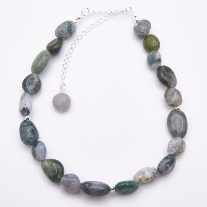 Moss Agate Sterling Silver Bracelet with Extender Chain and Labradorite wire-wrapped bead trim, shown from above on plain white surface