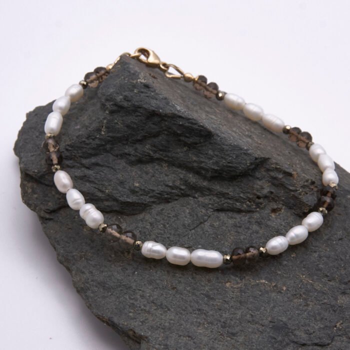 Smoky Quartz, Pyrite & Freshwater Pearl Bracelet