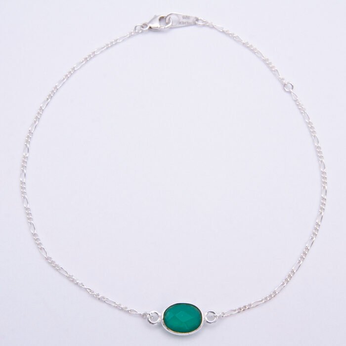 Sterling Silver Bezel-Set Green Onyx Bracelet shown from above on flat white surface