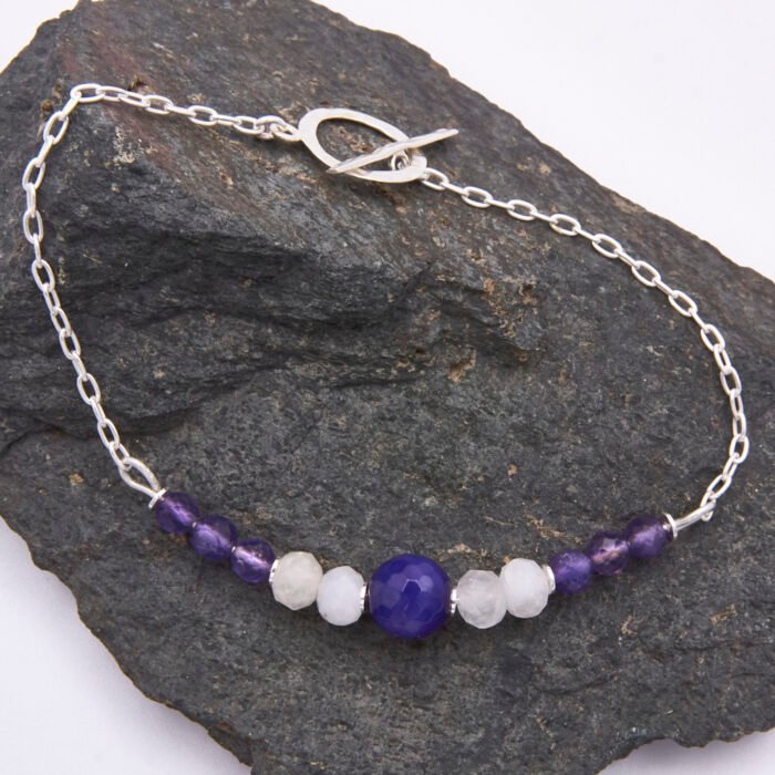 Amethyst, Moonstone and Purple Banded Agate Sterling Silver Bracelet
